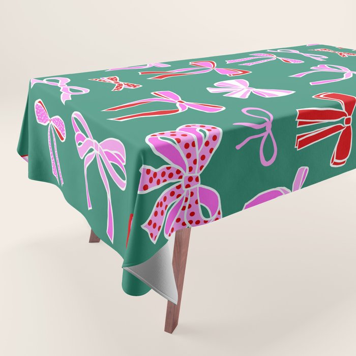 Festive Pink and Red Christmas Ribbons and Bows hand drawn Collection on Green Tablecloth Gallery Image 1