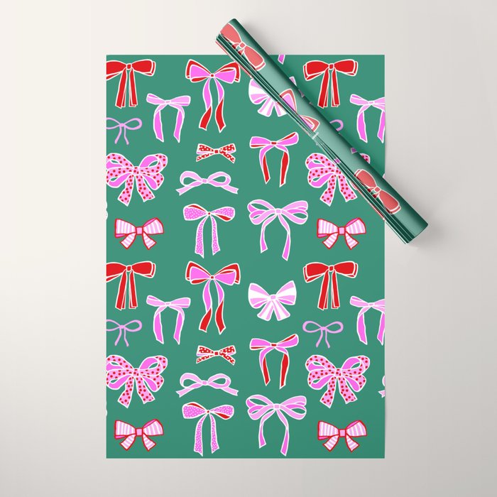 Festive Pink and Red Christmas Ribbons and Bows hand drawn Collection on Green Wrapping Paper Gallery Image 1