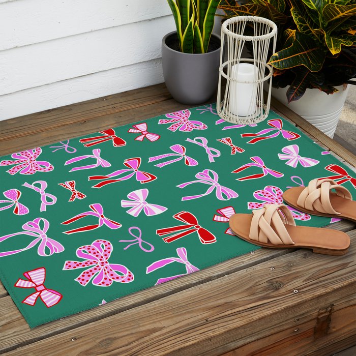 Festive Pink and Red Christmas Ribbons and Bows hand drawn Collection on Green Outdoor Rug Gallery Image 2