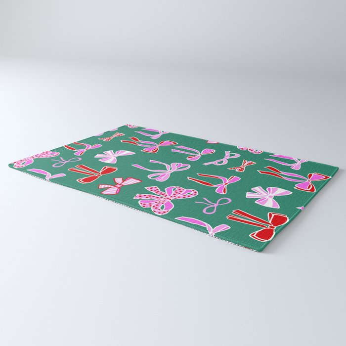 Festive Pink and Red Christmas Ribbons and Bows hand drawn Collection on Green Rug Gallery Image 3