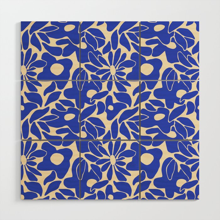 Abstract vintage blue flower art pattern Wood Wall Art Gallery Image 1