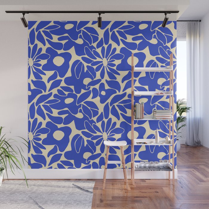 Abstract vintage blue flower art pattern Wall Mural Gallery Image 1