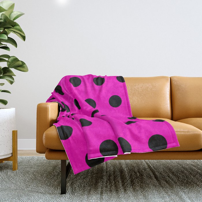 Hot Pink and Black Polka Dots Throw Blanket Gallery Image 1