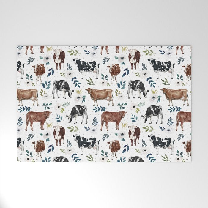 Hand-painted Cows and White Flowers with Blue Accents Welcome Mat Gallery Image 1