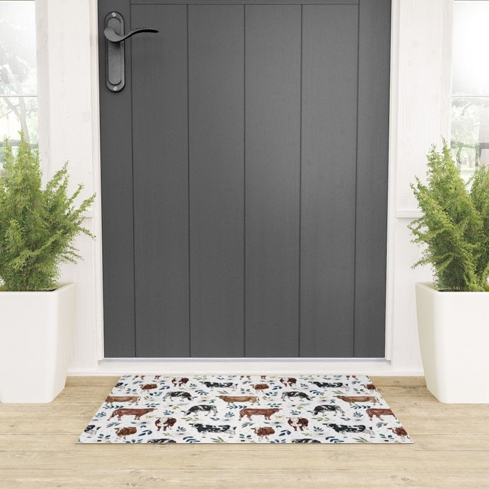 Hand-painted Cows and White Flowers with Blue Accents Welcome Mat Gallery Image 3