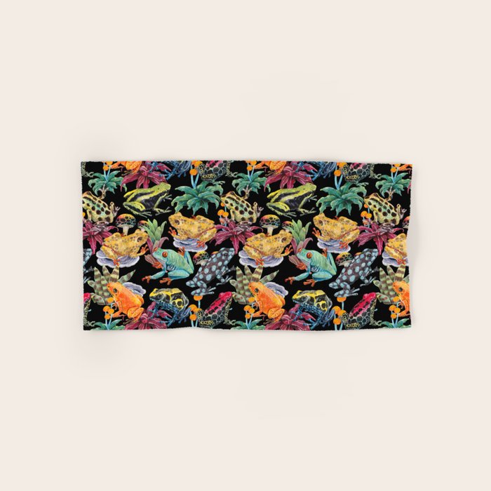 Tropical frogs and plant - black Bath Towel Gallery Image 1