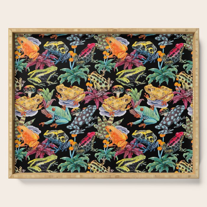 Tropical frogs and plant - black Serving Tray Gallery Image 1