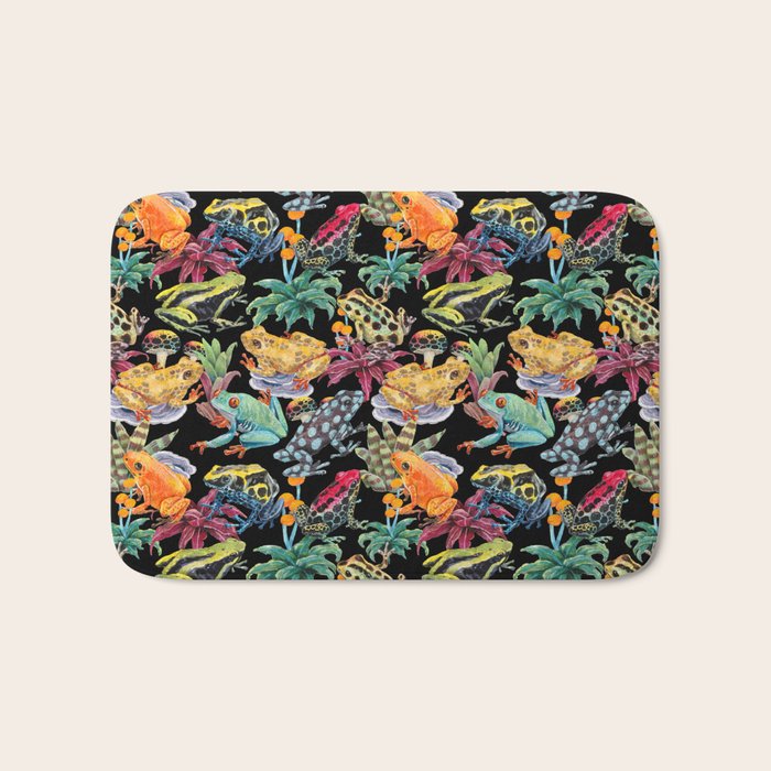 Tropical frogs and plant - black Bath Mat Gallery Image 1
