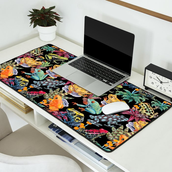 Tropical frogs and plant - black Desk Mat Gallery Image 2