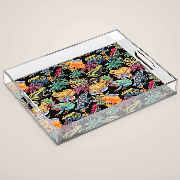 Tropical frogs and plant - black Acrylic Tray Gallery Image 1