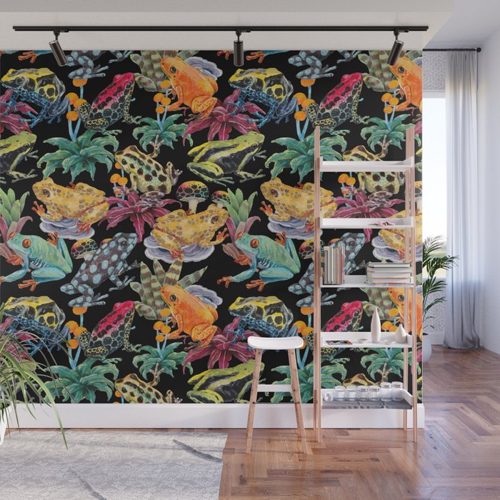 Tropical frogs and plant - black Wall Mural Gallery Image 1
