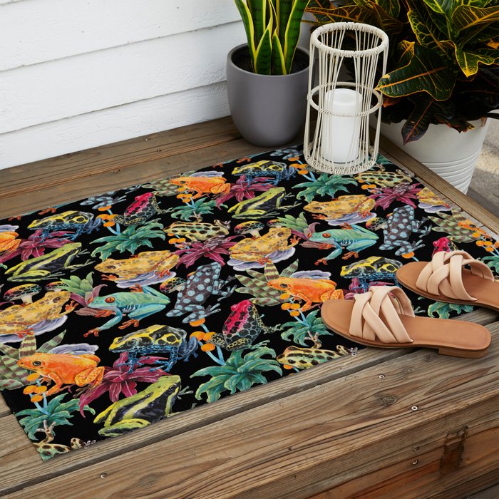 Tropical frogs and plant - black Outdoor Rug Gallery Image 2