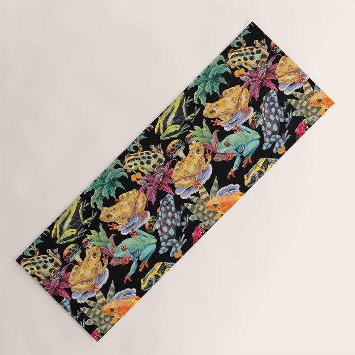 Tropical frogs and plant - black Yoga Mat Gallery Image 1