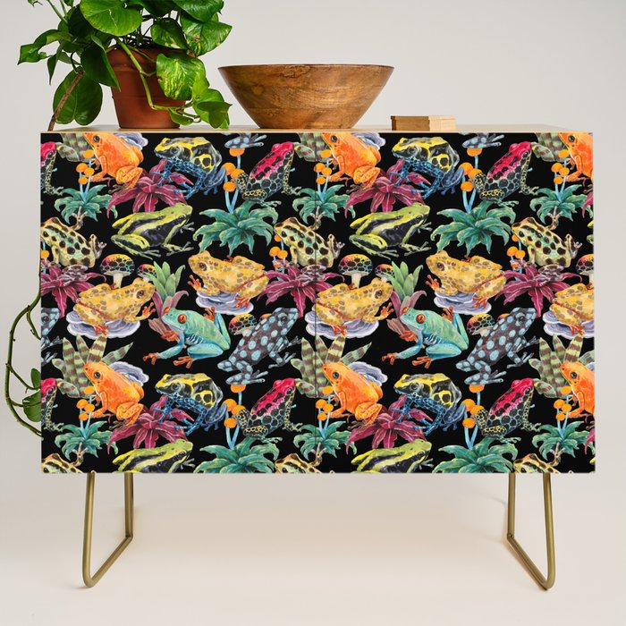 Tropical frogs and plant - black Credenza Gallery Image 1