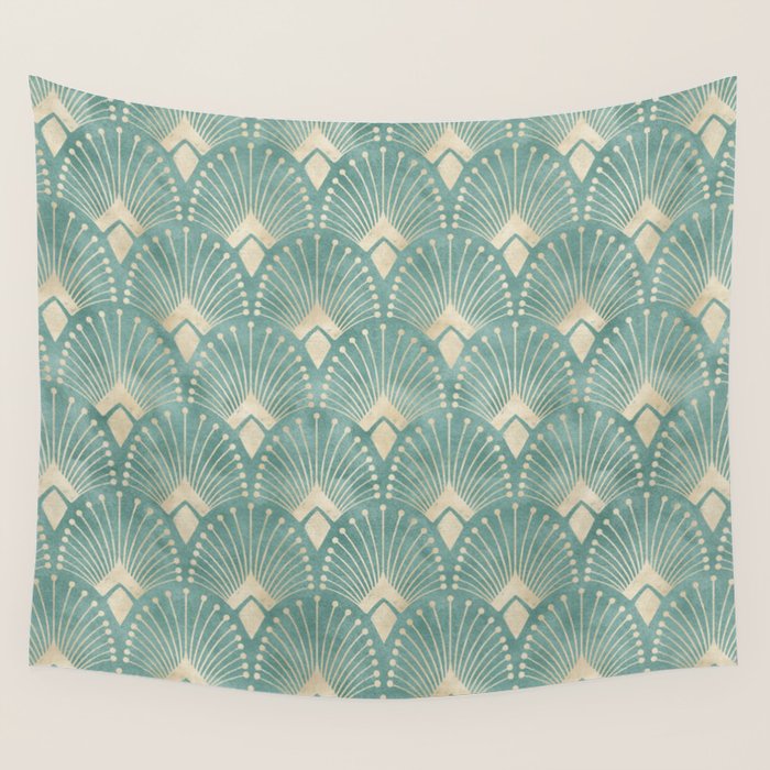 Art Deco Fans Pattern in Teal Wall Tapestry Gallery Image 4