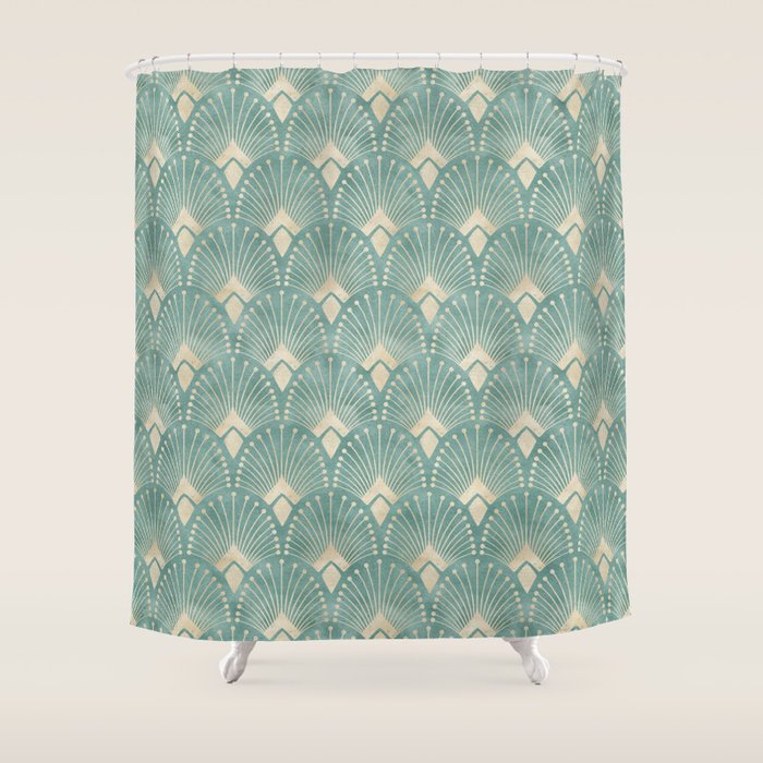 Art Deco Fans Pattern in Teal Shower Curtain Gallery Image 1