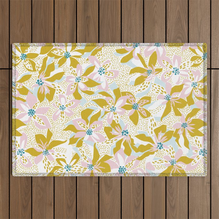 vibrant flowers pattern modern bouquet candy turquoise white summer tropics Outdoor Rug Gallery Image 1
