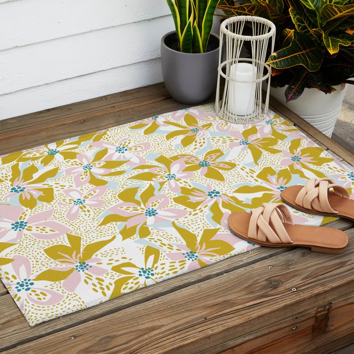 vibrant flowers pattern modern bouquet candy turquoise white summer tropics Outdoor Rug Gallery Image 2