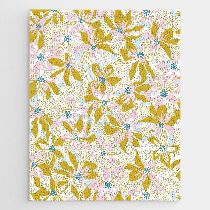 vibrant flowers pattern modern bouquet candy turquoise white summer tropics Jigsaw Puzzle Gallery Image 1