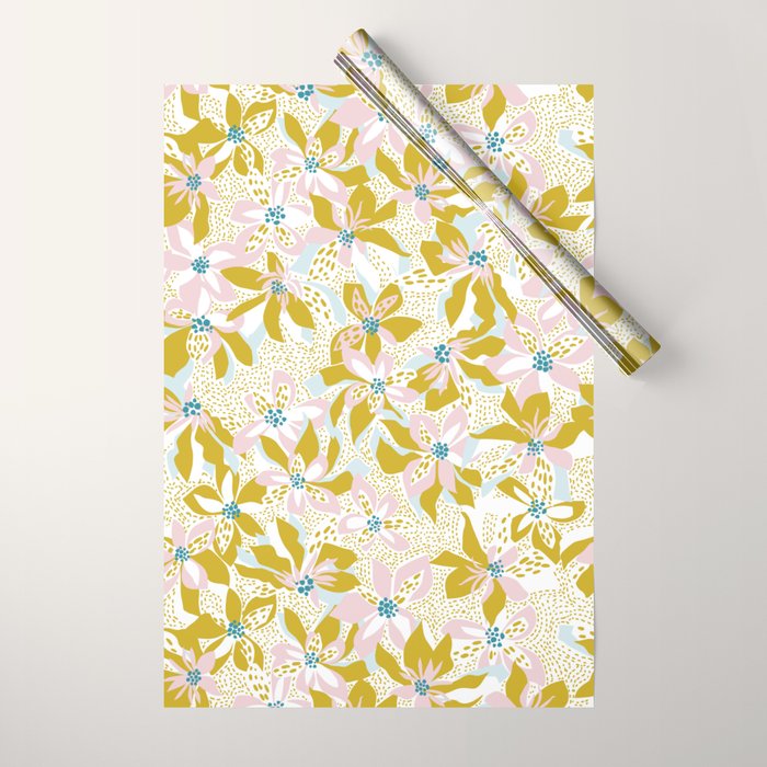 vibrant flowers pattern modern bouquet candy turquoise white summer tropics Wrapping Paper Gallery Image 1
