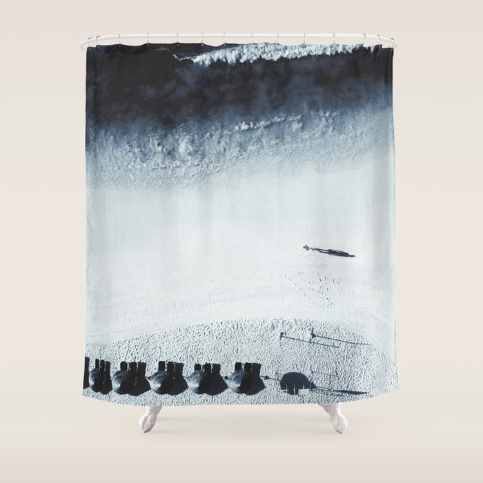 Ocean Moody Blues Walk - Aerial Beach photography by Ingrid Beddoes Shower Curtain Gallery Image 1
