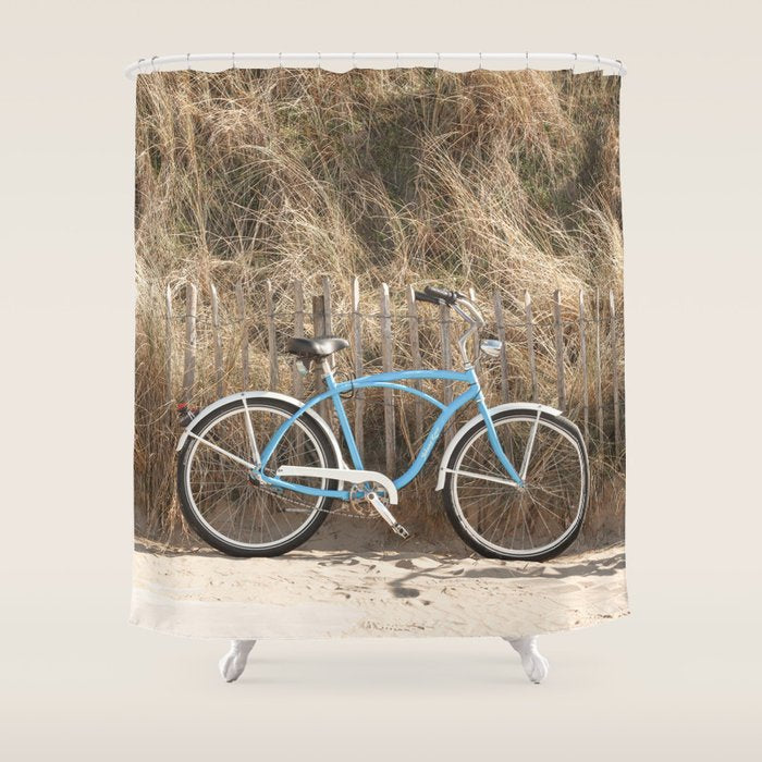 Blue Beach Bike In Holland Photo | Dutch Grass Dunes Summer Holiday Art Print | Europe Travel Photography Shower Curtain Gallery Image 1
