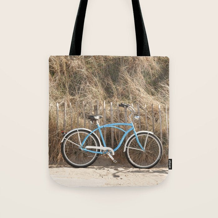 Blue Beach Bike In Holland Photo | Dutch Grass Dunes Summer Holiday Art Print | Europe Travel Photography Tote Bag Gallery Image 1