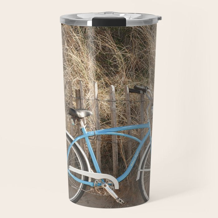 Blue Beach Bike In Holland Photo | Dutch Grass Dunes Summer Holiday Art Print | Europe Travel Photography Travel Mug Gallery Image 1