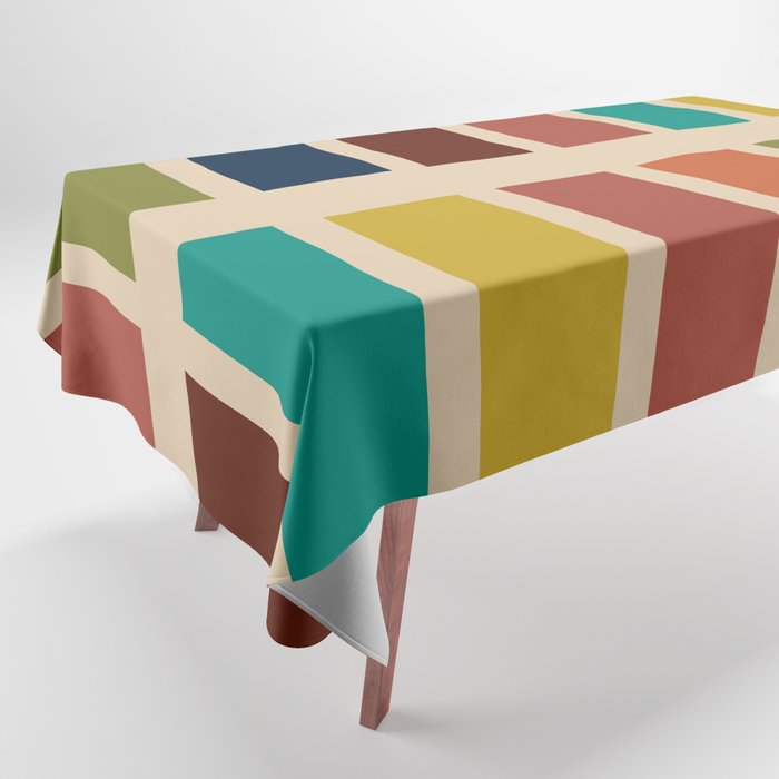 Nelson Blocks II Mid-century Modern Geometric Minimalism in Mid Century Mod Mustard, Olive, Teal, Orange, and Beige Tablecloth Gallery Image 1