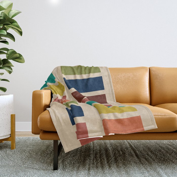 Nelson Blocks II Mid-century Modern Geometric Minimalism in Mid Century Mod Mustard, Olive, Teal, Orange, and Beige Throw Blanket Gallery Image 1