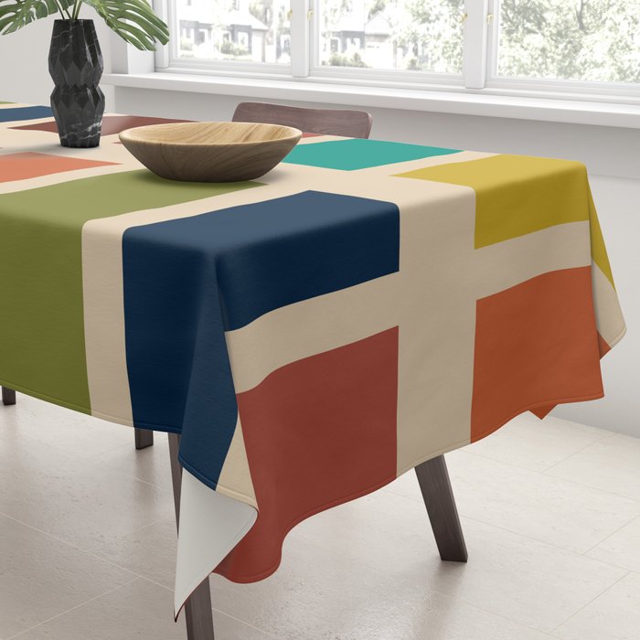 Nelson Blocks II Mid-century Modern Geometric Minimalism in Mid Century Mod Mustard, Olive, Teal, Orange, and Beige Tablecloth Gallery Image 3