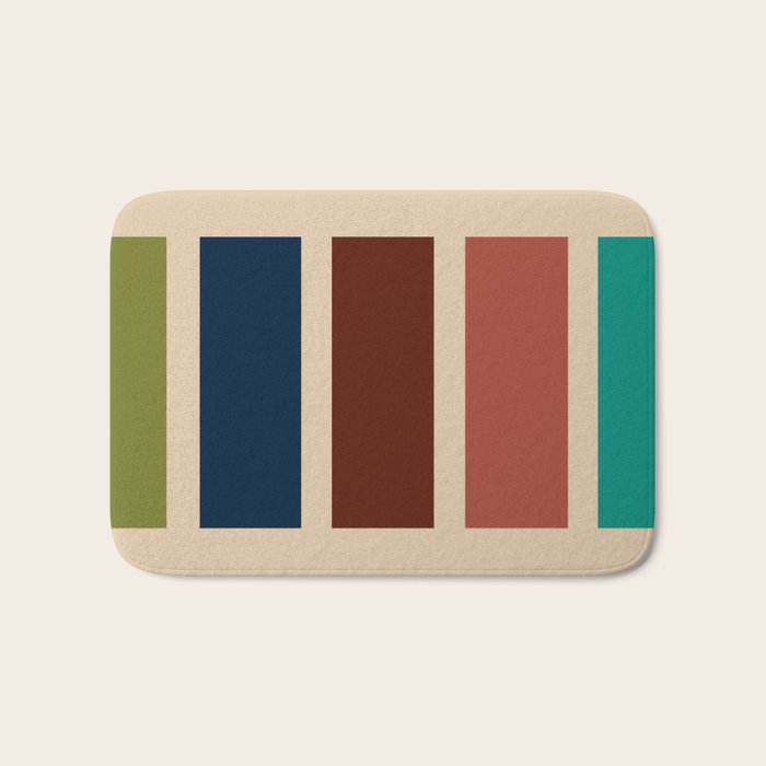 Nelson Blocks II Mid-century Modern Geometric Minimalism in Mid Century Mod Mustard, Olive, Teal, Orange, and Beige Bath Mat Gallery Image 1
