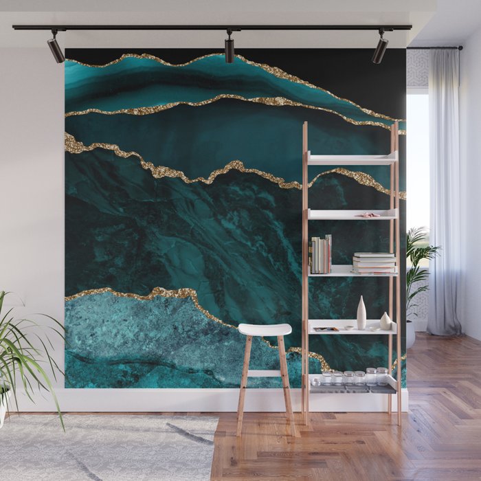 Teal Blue Emerald Marble Landscapes Wall Mural Gallery Image 1