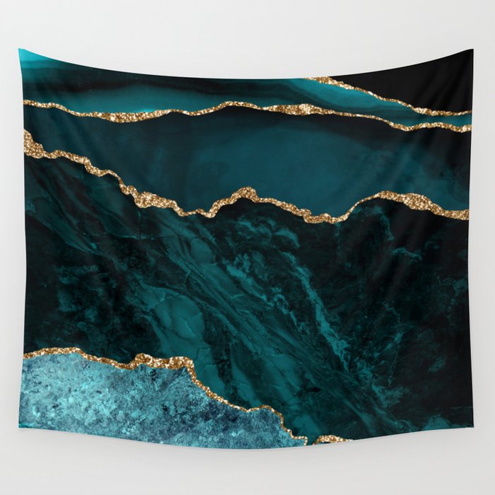 Teal Blue Emerald Marble Landscapes Wall Tapestry Gallery Image 4