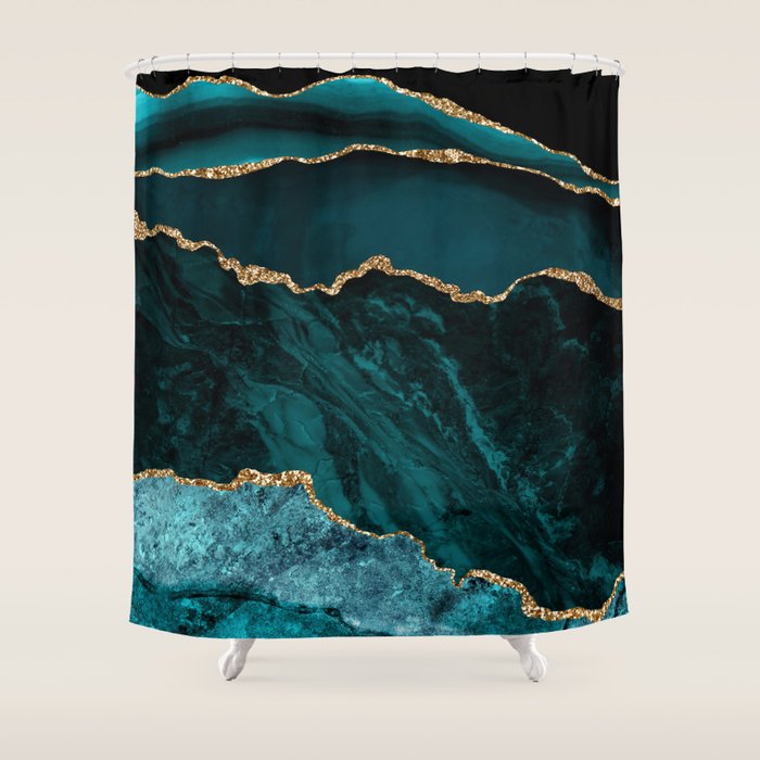 Teal Blue Emerald Marble Landscapes Shower Curtain Gallery Image 1