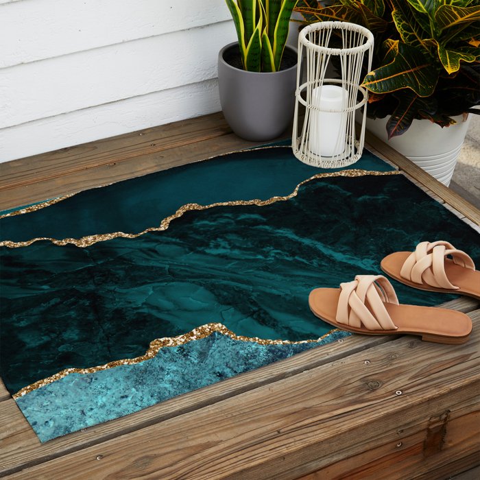Teal Blue Emerald Marble Landscapes Outdoor Rug Gallery Image 2