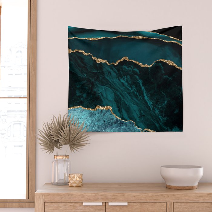 Teal Blue Emerald Marble Landscapes Wall Tapestry Gallery Image 2