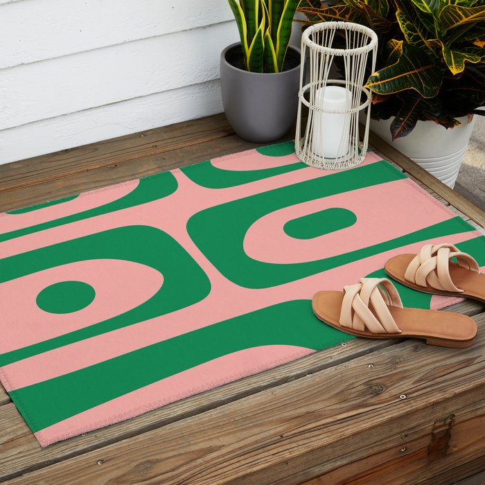 Mid Century Modern Piquet Abstract Pattern in Blush Pink and Green Outdoor Rug Gallery Image 2