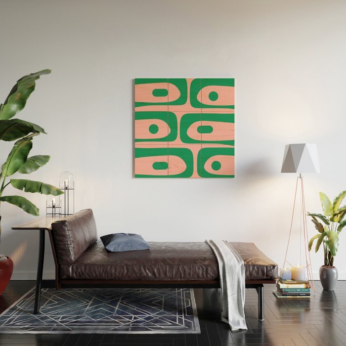 Mid Century Modern Piquet Abstract Pattern in Blush Pink and Green Wood Wall Art Gallery Image 2
