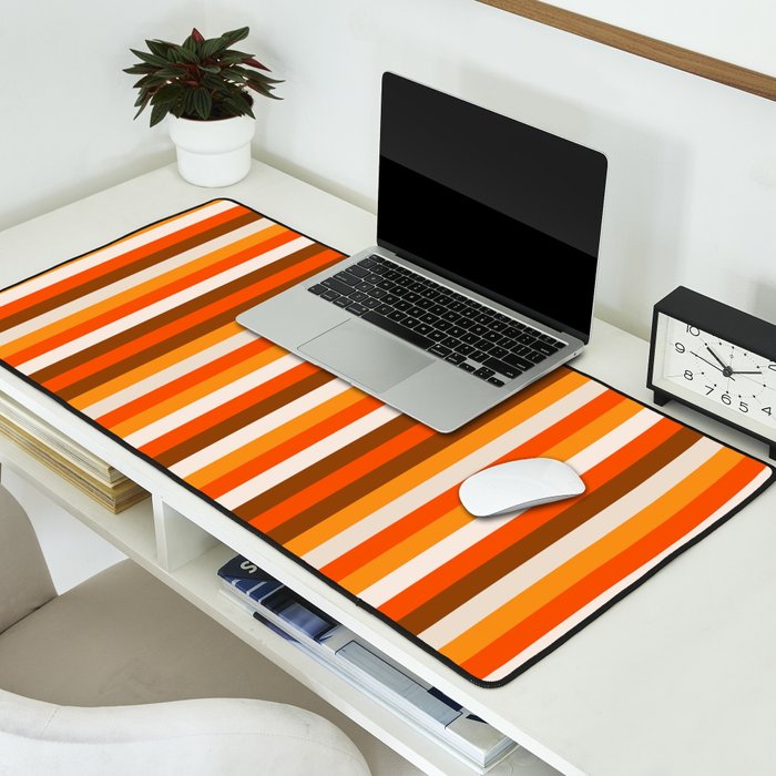 Vertical Fine Stripes in Retro 70s Orange and Brown Desk Mat Gallery Image 2