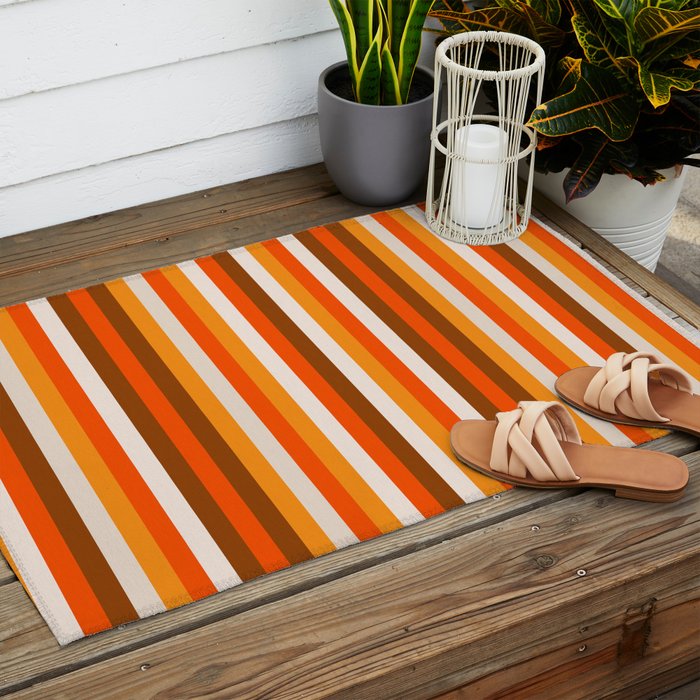 Vertical Fine Stripes in Retro 70s Orange and Brown Outdoor Rug Gallery Image 2