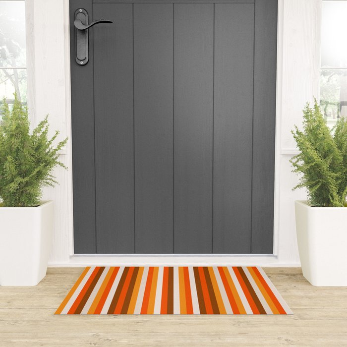 Vertical Fine Stripes in Retro 70s Orange and Brown Welcome Mat Gallery Image 3