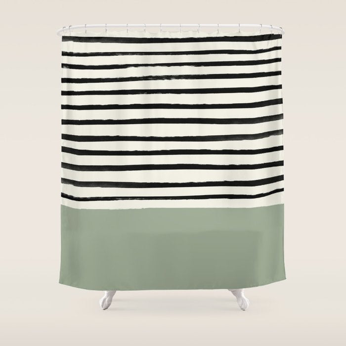 Sage Green x Stripes Shower Curtain Gallery Image 1