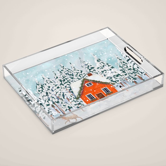 Cozy Winter Cabin in the Snowy Woods  Acrylic Tray Gallery Image 1