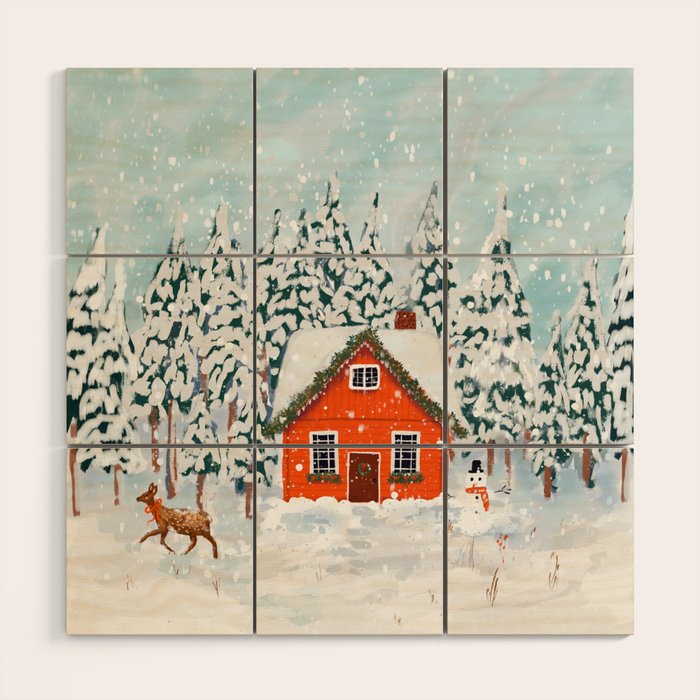 Cozy Winter Cabin in the Snowy Woods  Wood Wall Art Gallery Image 1
