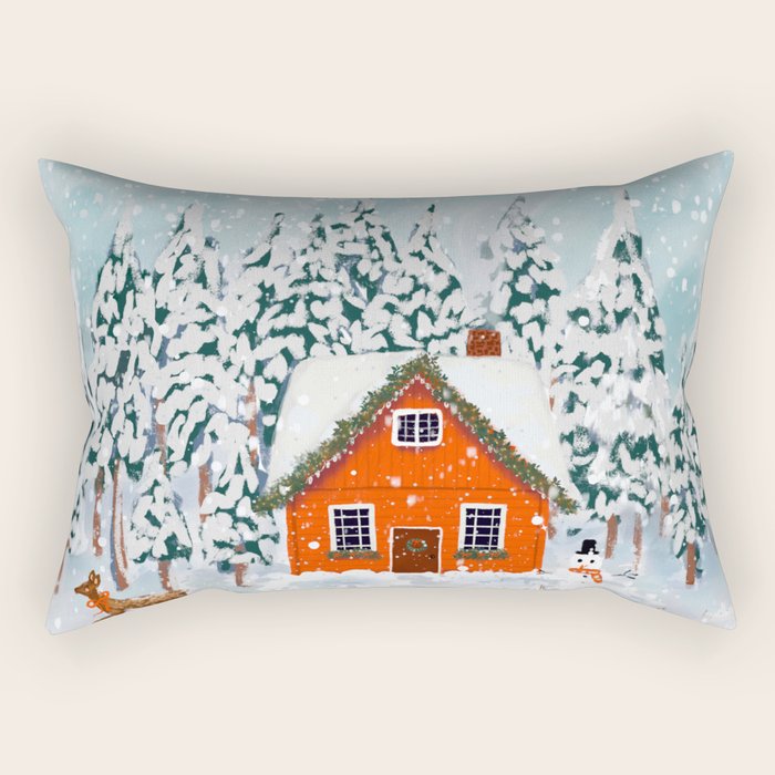 Cozy Winter Cabin in the Snowy Woods  Rectangular Pillow Gallery Image 2