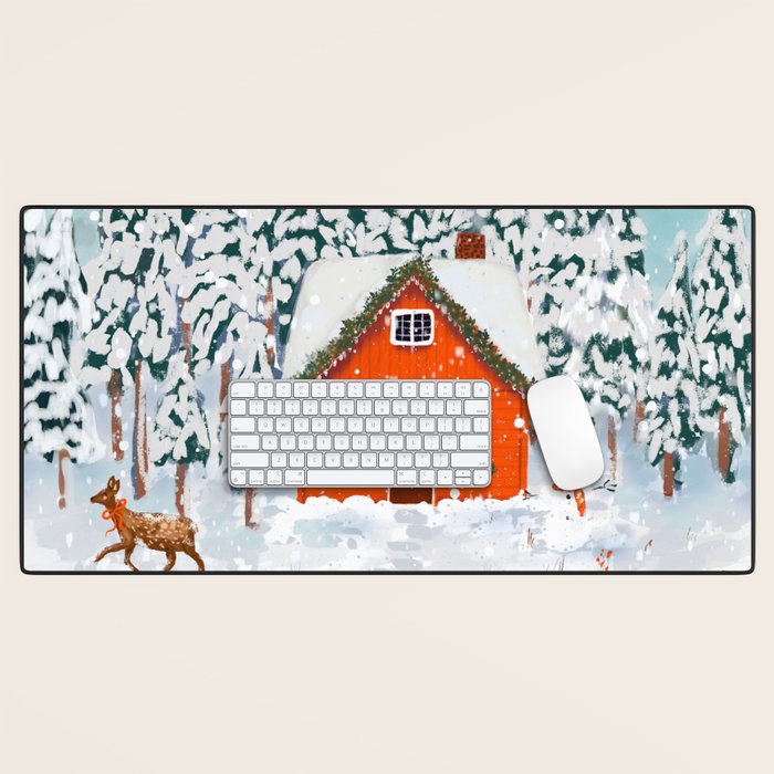 Cozy Winter Cabin in the Snowy Woods  Desk Mat Gallery Image 1
