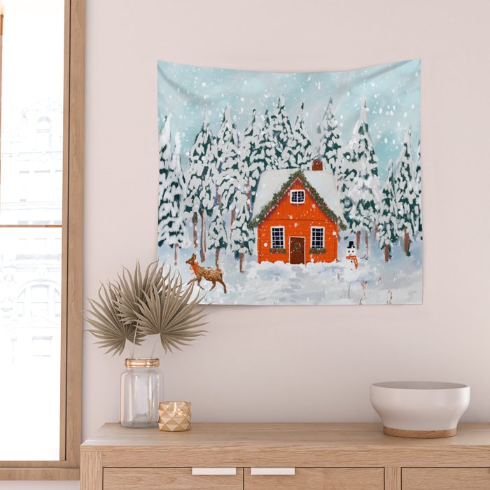 Cozy Winter Cabin in the Snowy Woods  Wall Tapestry Gallery Image 2