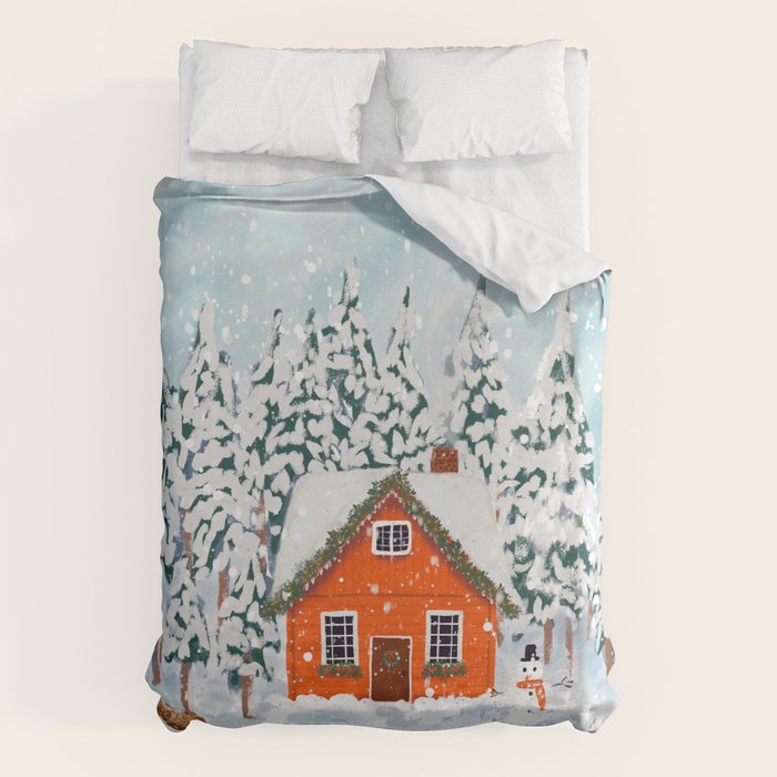 Cozy Winter Cabin in the Snowy Woods  Duvet Cover Gallery Image 6