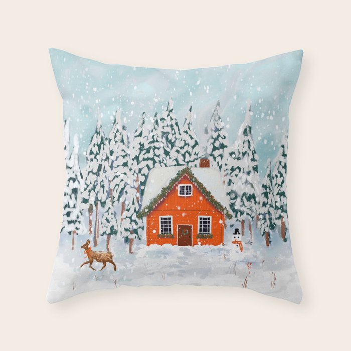 Cozy Winter Cabin in the Snowy Woods  Throw Pillow Gallery Image 6